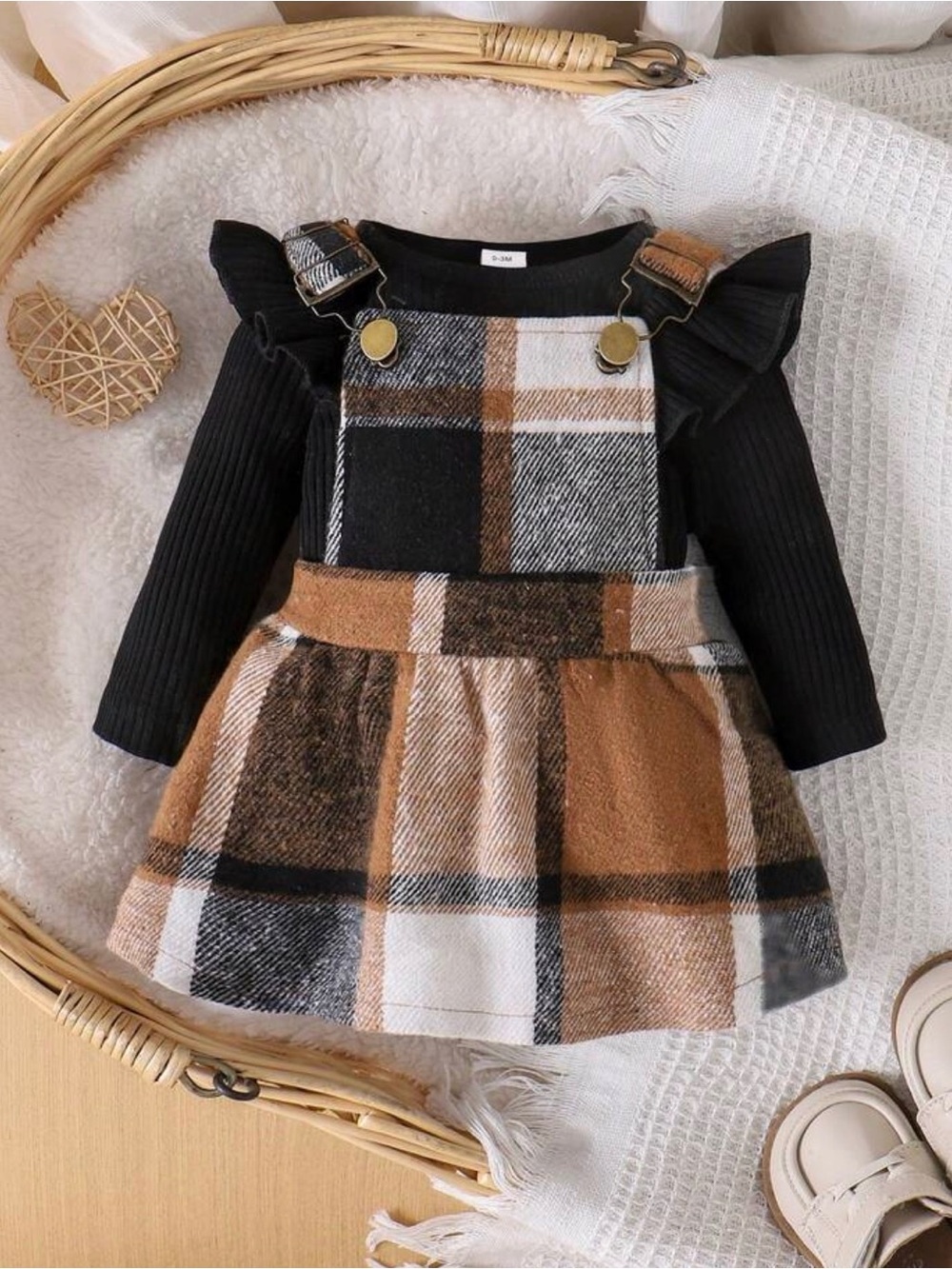 Girls Black & Brown Plaid Pinafore Dress with Ruffled Shoulder Top 3-6M